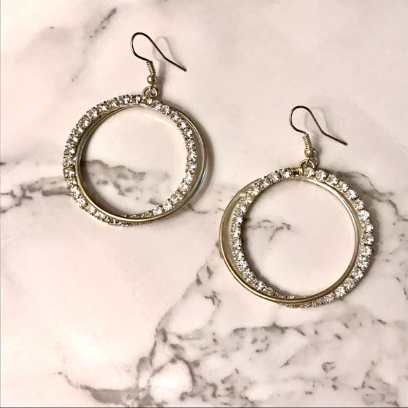 🌸3/$25 Simply Vera Wang Silver Double Hoop Dangle Earrings with CZ Diamonds - Picture 2 of 5
